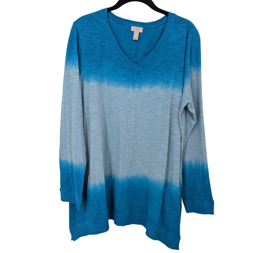 LOGO Lori Goldstein Tunic Women Large Blue Dip Dye Ombre Slub Knit Top Casual